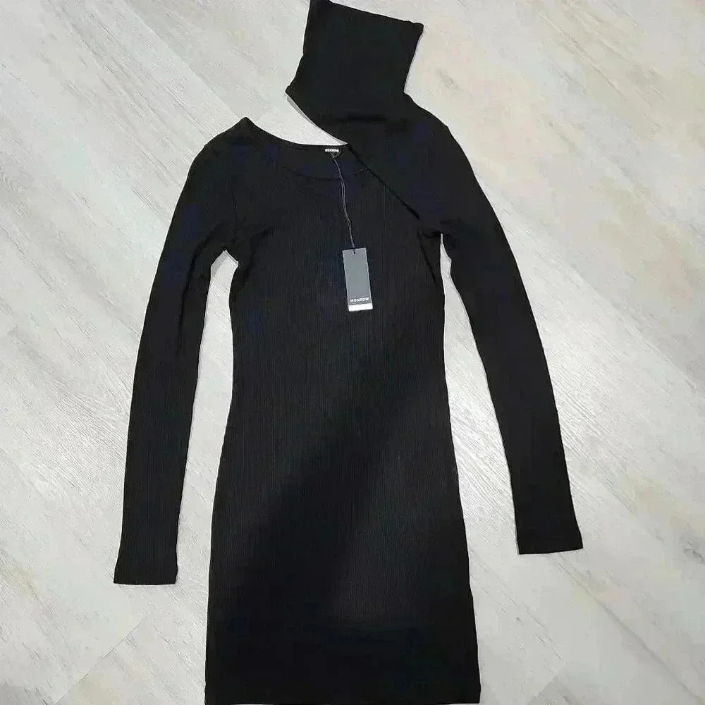 NWT Monrow Women's Neck Slit Long Sleeve Ribbed Knit Mini Dress Black Small